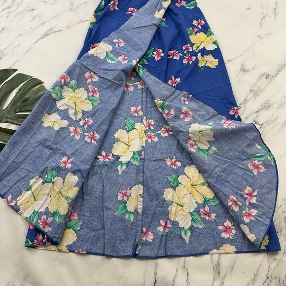 Kimos Polynesian Shop Womens Vintage Wrap Midi Dress Size S Blue Yellow Hawaiian - Picture 5 of 12